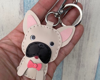 Small size - Pebbles the French Bulldog cowhide leather charm with lobster clasps version ( Beige )