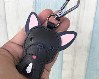 Small size - Sam The French Bulldog cowhide leather charm with black lobster clasps version ( Black )