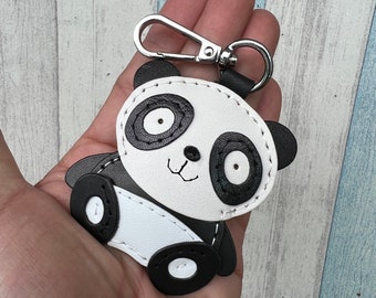 Small size - Cody the Panda cowhide leather charm with lobster clasps version ( Black / white )