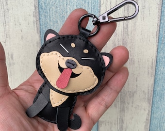 Small size - WaWa the Shiba Inu cowhide leather charm with black lobster clasps ( Black / Beige )