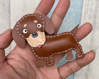 Small size - MiMi the Dachshund cowhide leather charm ( Brown )