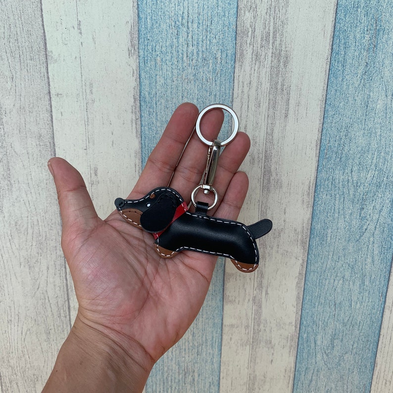 Annie the Dachshund cowhide leather charm with lobster clasps black Small size