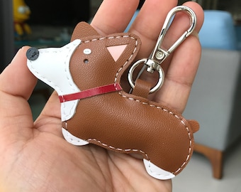 Small size - NaNa the Corgi cowhide leather charm with lobster clasps ( Brown / White )