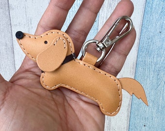 Small size - Mojin the Dachshund cowhide leather charm with lobster clasps ( Khaki color )