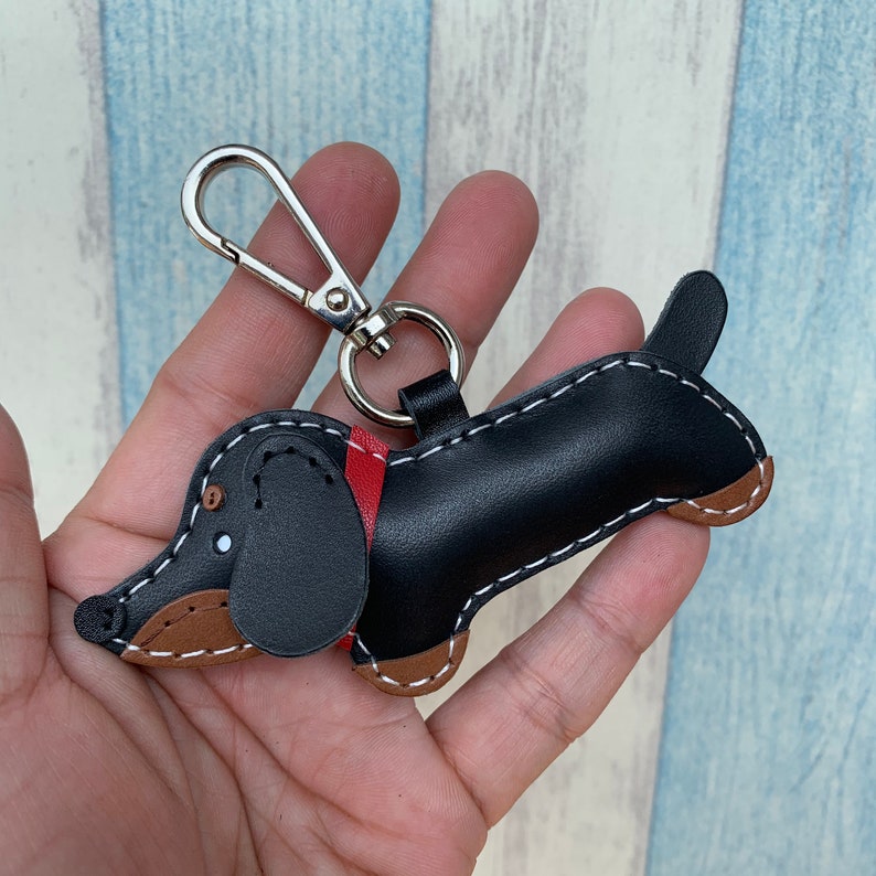 Annie the Dachshund cowhide leather charm with lobster clasps black Small size
