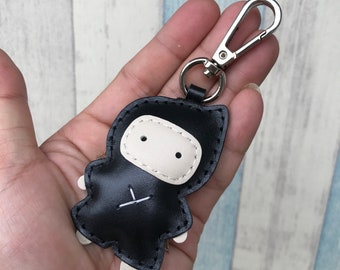 Small size - Taka the Ninja cowhide leather charm with lobster clasps version ( Black )