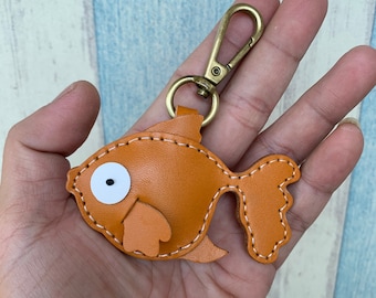 Small size - Queenie the gold fish Vegetable tanned leather charm with lobster clasps ( light brown )