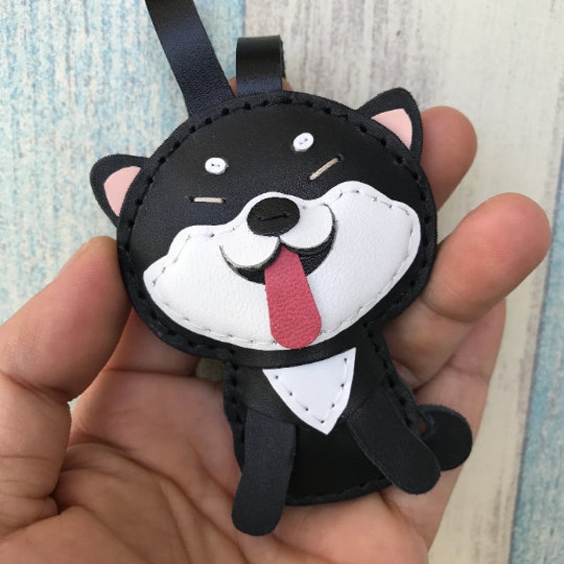 Small size Black white Cindy the Shiba Inu cowhide leather charm