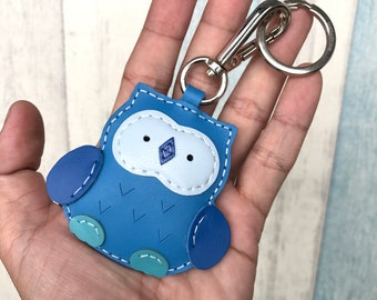 Small size - Fanny the Owl cowhide leather charm with lobster clasps version ( Blue shape )
