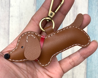 Small size - Copper the Dachshund cowhide leather charm with lobster clasps version ( Brown )