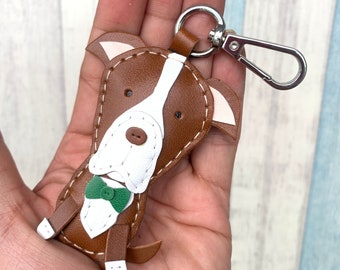 Small size - Fork the Pitbull terrier cowhide leather charm with lobster clasps version ( Brown )