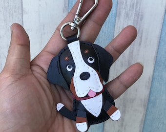 Small size - Sammy the Swiss Mountain Dog cowhide leather charm in lobster clasps version ( Black / White )