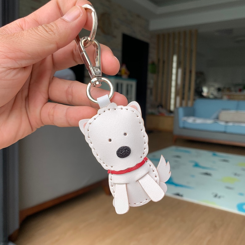 Small size Amber the Westie cowhide leather charm with lobster clasps version White