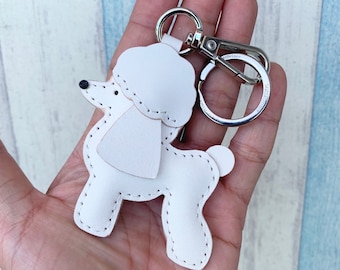 Small size - Tina the Poodle cowhide leather charm with lobster clasps version ( White )