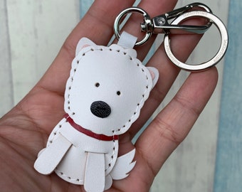 Small size - Amber the Westie cowhide leather charm with lobster clasps version ( White )