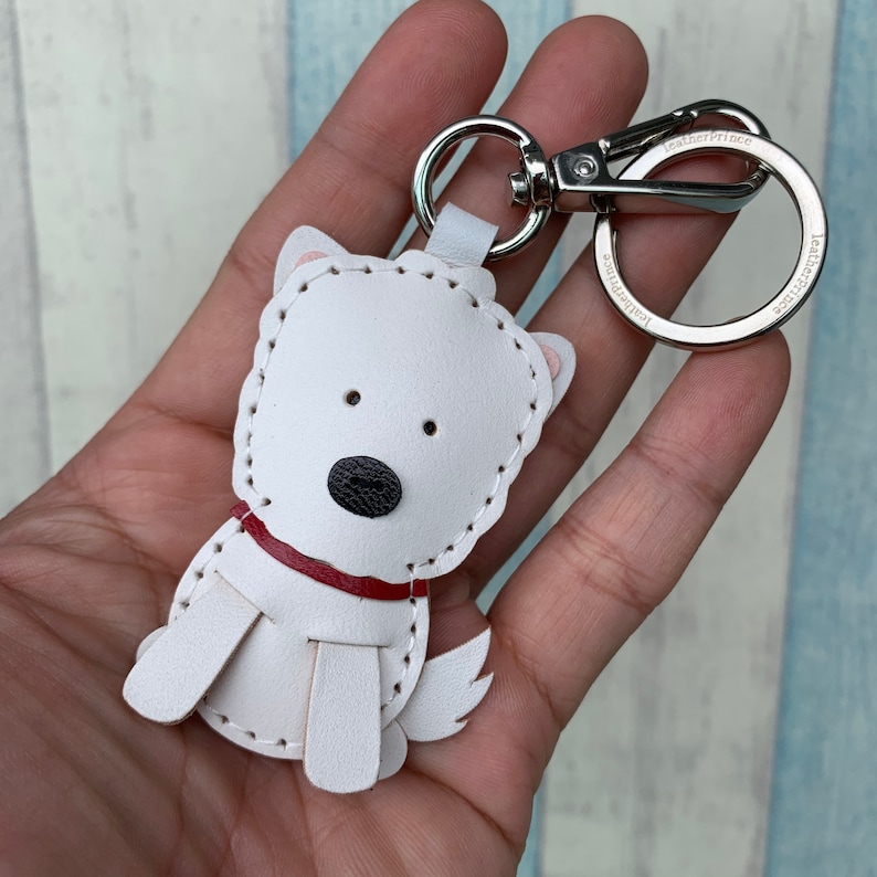 Small size Amber the Westie cowhide leather charm with lobster clasps version White image 1