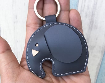 Small size - Laura the Elephant cowhide leather Keychain ( Dark Grey )