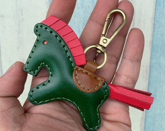 Petite taille - Beon le porte-clés de cheval en cuir bronzé végétal avec la version de fermoirs de homard ( Vert foncé )