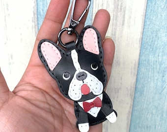 Small size - Bingo the Boston Terrier cowhide leather charm with black lobster clasps ( Black / White )