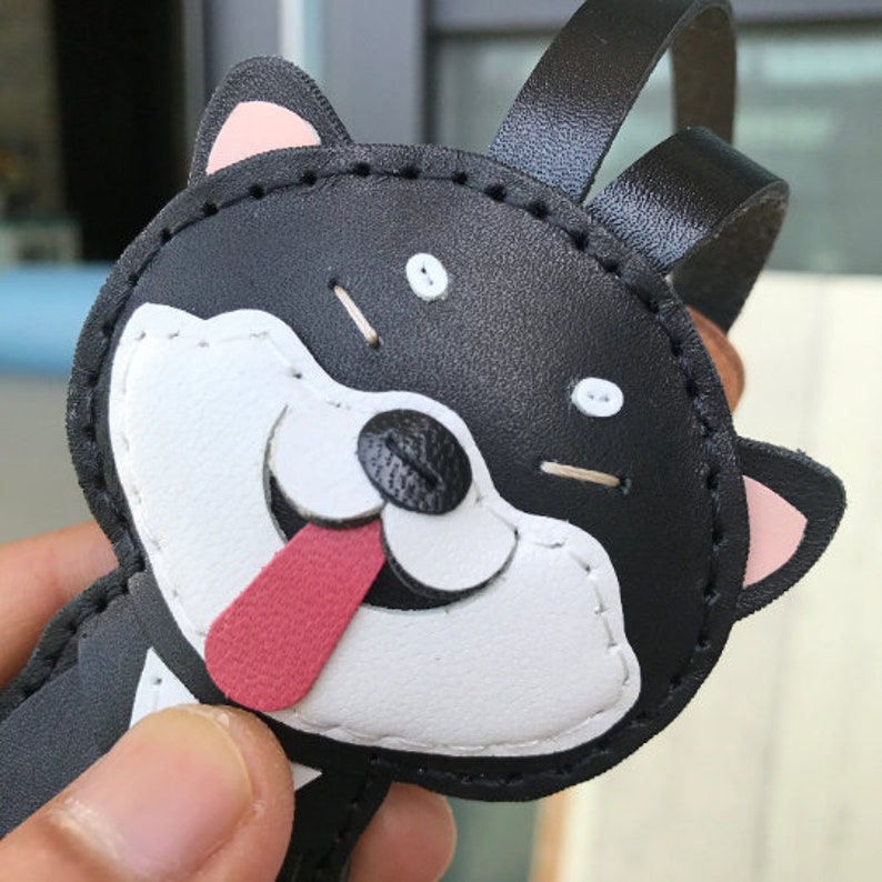 Small size Black white Cindy the Shiba Inu cowhide leather charm