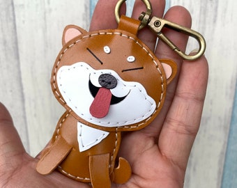 Small size - Flora the Shiba Inu vegetable tanned leather charm with lobster clasps ( Brown / Beige )