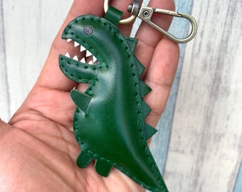 Small size - Dino the Dinosaur vegetable tanned leather charm with lobster clasps version ( Green )