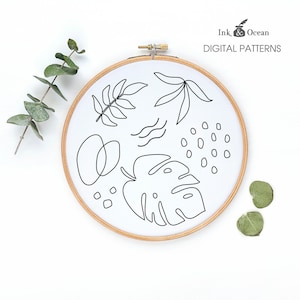 Monstera, tropical plant leaf Digital hand embroidery pattern , PDF instant Download