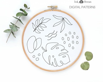 Monstera, tropical plant leaf Digital hand embroidery pattern , PDF instant Download