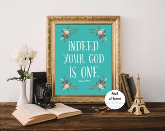 Può includere: Una stampa d'arte stampabile blu turchese con una cornice dorata. La stampa presenta un design floreale e il testo "INDEED YOUR GOD IS ONE Quran 37:4".