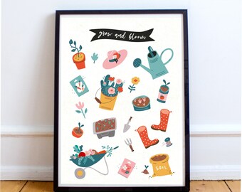 Gardening, garden, grow vintage cute whimsical poster print download printable art 'grow and bloom'