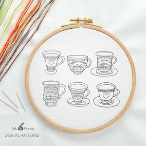 Teacup, vintage design Digital hand embroidery pattern , PDF instant Download