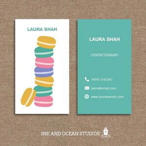 Macaroon elegante e elegante imprimível, padaria, cartão de visita com design doce, cartão telefônico para sua empresa