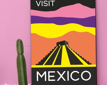 Mid century modern vintage iconic abstract visit Mexico aztec pyramid travel poster print download printable art