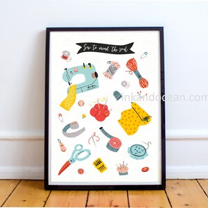 May include: A white background with a blue sewing machine, red and yellow fabric, and various sewing supplies. The text "Sew to mend the soul" is at the top of the image.