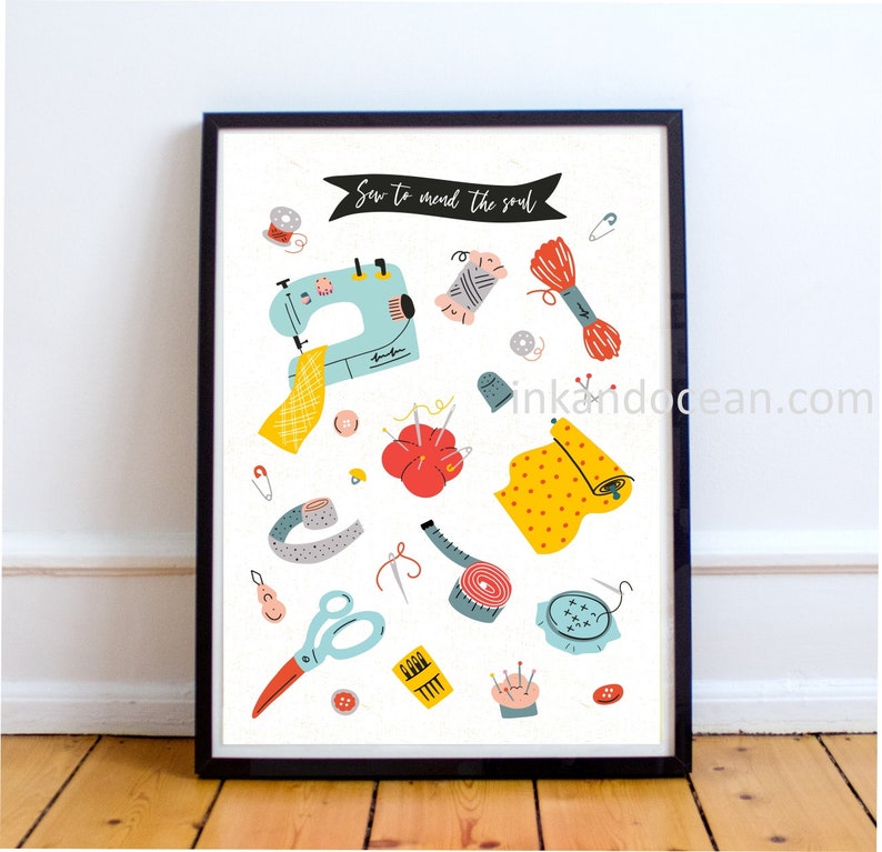 May include: A white background with a blue sewing machine, red and yellow fabric, and various sewing supplies. The text "Sew to mend the soul" is at the top of the image.