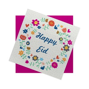 Happy Eid Card - floral wreath design with a pink envelope