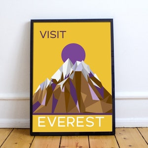 Mid century modern vintage iconic abstract visit Mount Everest in the Himalayas travel poster print download printable art