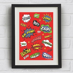 Cartoon Comic, Pop Art Print. Downloadable Art Print in red