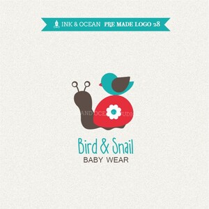 Boutique premade logo design for your business - cute baby, kids snail and bird logo in any colour of your choice