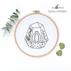 Terrarium, Cactus, house plant, modern, Succulent Prickly Pear, retro vintage Digital hand embroidery pattern , PDF instant Download