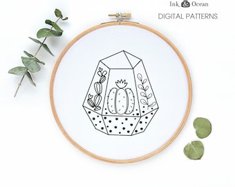 Terrarium, Cactus, house plant, modern, Succulent Prickly Pear, retro vintage Digital hand embroidery pattern , PDF instant Download