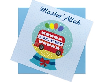 Masha'Allah baby boy congratulation snow globe card - blue