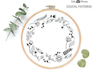 Woodland forest flowers nature wreath, sampler Digital hand embroidery pattern , PDF instant Download