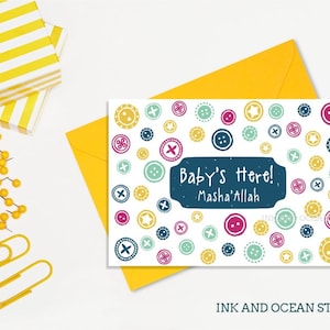 5er - Packung süß "Baby ist hier, Maschallah" Announcment Karten.  Illustriert mit Hand gezeichneten Tasten. geeignet für Babymädchen oder Junge. Unisex