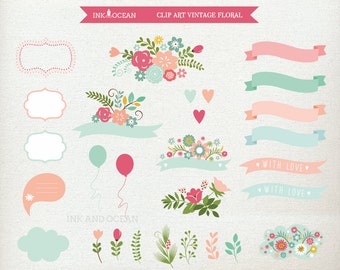 Digital clip art, cute vintage floral flower set,  for invitations, card making, scrapbooking , Instant Download