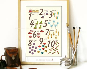 Vintage toys counting numbers art print. Kids room,  Classroom decor, gifts, teachers, classroom sign, kids poster, printable art.