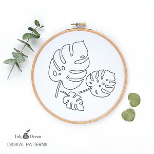 Monstera, tropical plant leaf Digital hand embroidery pattern , PDF instant Download