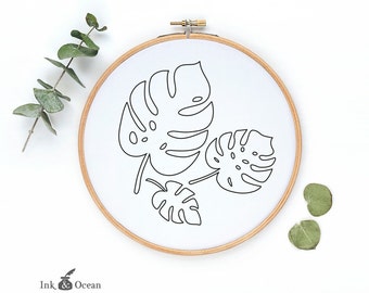 Monstera, tropical plant leaf Digital hand embroidery pattern , PDF instant Download