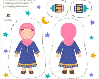 Muslim girl hijab doll cushion design for use with fabric printing company to make your own kids sewing kit.