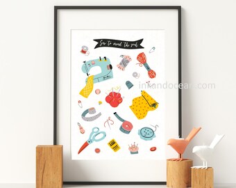 Sewing, crafters, vintage cute whimsical poster print download printable art 'sew to mend the soul'